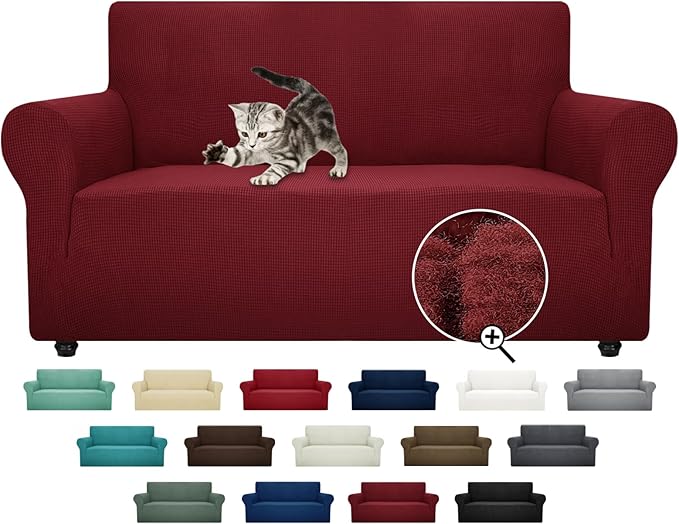 ZNSAYOTX Super Stretch Couch Cover Love Seat Sofa Covers for Living Room Dogs Pet Friendly Furniture Protector Spandex Loveseat Slipcovers with Anti Slip Foam Sticks (Wine Red, Loveseat)