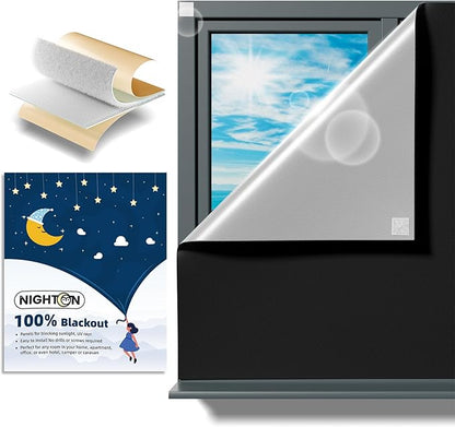NIGHTON Portable Blackout Curtains 60"×70", Strong Hook and Loop Tape Strips with Adhesive, Cuttable Blackout Window Cover, 100% Black Out Material Blinds for Baby Nursery or Travel - Black