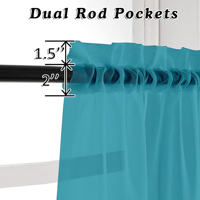 OVZME Turquoise Sheer Curtains 36 inches Long, Short Kitchen Window Treatment Solid Sheers Cafe Curtains Bathroom Voile Half Window Curtains 2 Panels, Rod Pocket, 42" Wx36 L
