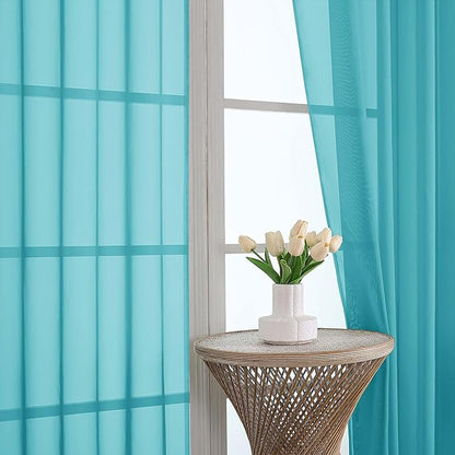 OWENIE Sheer Curtains 63 inch Length 2 Panels Set, Rod Pocket Voile Fimly Sheer Drapes for Living Room/Bedroom, 2pcs, Each 42" W x 63" L，Turquoise Blue
