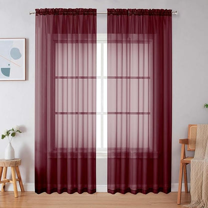 Simplebrand Burgundy Red Sheer Curtains 84 Inches Long, Light Filtering Rod Pocket Solid Color Window Sheer Curtain Panels, Elegant Curtains & Drapes for Living Room, Bedroom 2 Panels, 59" W x 84" L