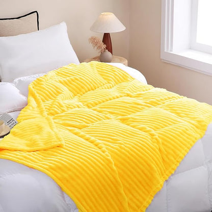 Bright Yellow Fleece Throw Blanket 50”×60” for Couch Sofa Bed,Super Soft Cozy Plush Microfiber Flannel Blanket with Stripes Design Lightweight for Adults,Woman,Girls