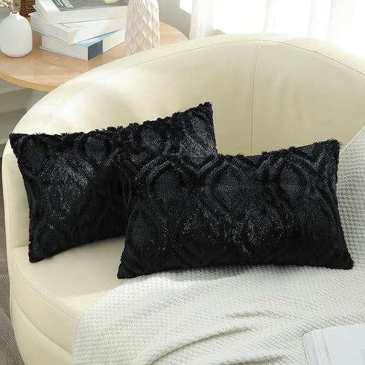 decorUhome Throw Pillow Covers 12x20 Inch Set of 2, Soft Plush Faux Wool Black Solid Couch Pillow Covers, Accent Farmhouse Neutral Rectangle Pillow Cases for Sofa Bed Living Room