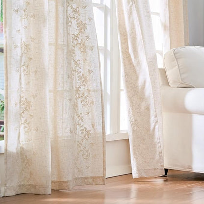 jinchan Evelyn Embroidered Linen Curtains for Living Room Farmhouse Floral Curtains for Bedroom Semi Sheer Light Filtering Window Drapes Rod Pocket Back Tab 2 Panels W50 x L96 Ivory