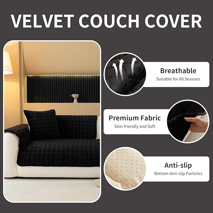 Velvet Couch Cover, Plush Sectional Sofa Cover Washable, Anti Slip Sofa Slipcover for 3-4 Cushions Sofas, Furniture Protector Covers for Pets & Kids(1PC, Black, 35.4"×82.6", 3-4 Seater)
