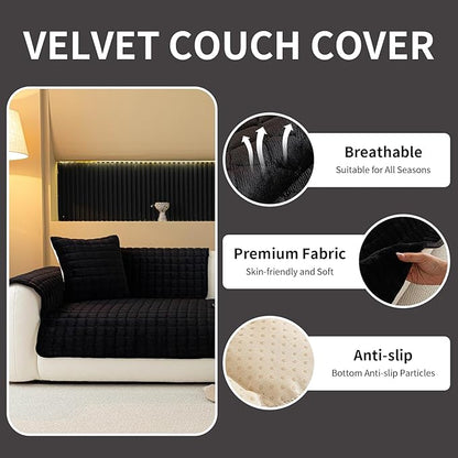 Velvet Couch Cover, Plush Sectional Sofa Cover Washable, Anti Slip Sofa Slipcover for 3 Cushions Sofas, Furniture Protector Covers for Pets & Kids(1PC, Black, 35.4"×71", 3-Seater)