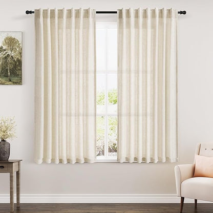 Warm Beige Linen Curtains 63 Inches Long 2 Panel Sets for Living Room Bedroom Rod Pocket Back Tab Light Filtering Drape for Kitchen Window Short Protect Privacy Curtain Modern Farmhouse Decor 52x63