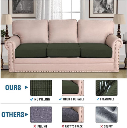 H.VERSAILTEX Super Stretch Individual Seat Cushion Covers Sofa Covers Couch Slipcover Sets Thick Jacquard Textured Twill Fabric (3 Piece Sofa Cushion Covers, Olive)
