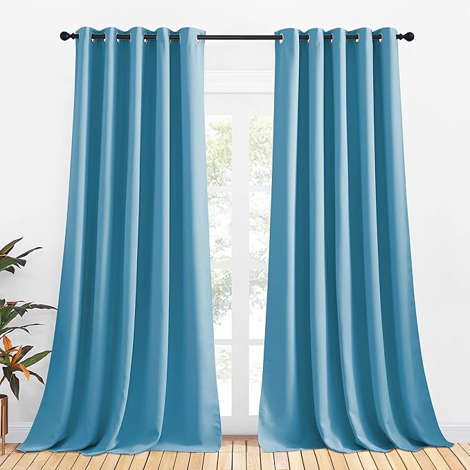 NICETOWN Bedroom Curtains Blackout Drapery Panels, 2 Panels, 70 x 108 inches, Teal Blue, Three Pass Microfiber Thermal Insulated Solid Ring Top Blackout Window Curtains/Drapes