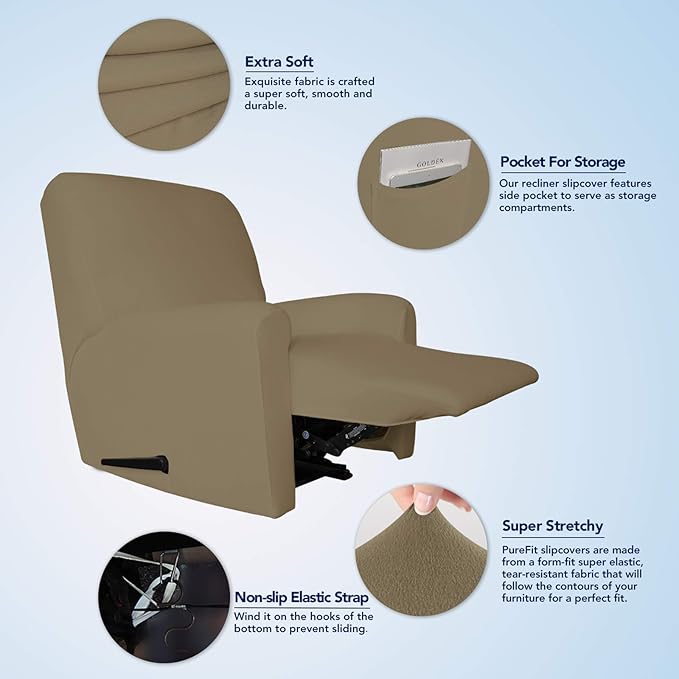 PureFit Super Stretch Chair Sofa Slipcover with Pocket – Spandex Non Slip Soft Couch Sofa Cover, Washable Furniture Protector with Elastic Bottom for Kids, Pets （Recliner, Tan）
