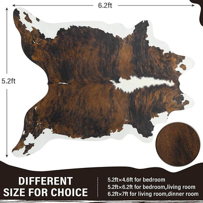 AROGAN Western Decor Faux Fur Cowhide Rug, 5.2x6.3 Feet Premium Animal Skin Cow Hide Rug, Sturdy Cow Print Rugs for Wall Decor, Western Floor Carpet for Bedroom Living Room, Black and Brown