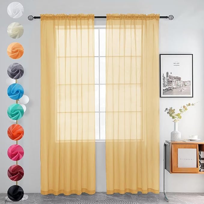 youleyar Solid Sheer Rod Pocket Curtain Voile Draperies 2 Panels White Beige Black Grey Ivory 52 Inch Width 54 Inch Long 1 Pair for Kitchen Bedroom Children Living Room Yard (Gold,52Wｘ54L)