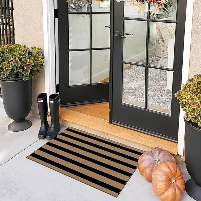 Front Door Mat Outside Entrance - 2x3 Black Tan Striped Non-Slip Washable Doormat Indoor Outdoor Mat Entry Rug Small Throw Rugs for Entryway Kitchen Bedroom Front Porch Decor