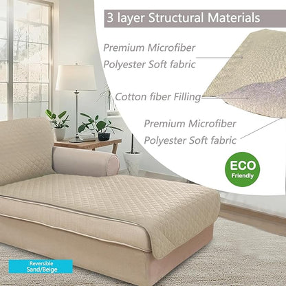 U-NICE HOME Sectional Couch Cover for Dogs Pets Chaise Lounge Reversible Sofa Cover Furniture Protector with Elastic Adjustable Strap, Sand/Beige