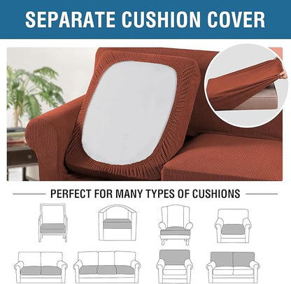 H.VERSAILTEX 4 Piece Stretch Sofa Covers for 3 Cushion Couch Covers for Living Room Furniture Slipcovers (Base Cover Plus 3 Seat Cushion Covers) Thicker Jacquard Fabric (Large Sofa, Rust)