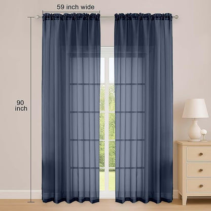 OWENIE Navy Blue Sheer Curtain 90 Inches Long 2 Panels Set, Solid Filmy Drapes for Living Room Bedroom, Elegant Window Voile Sheer Curtain Panels Drapes, 2 Pcs, Each 59" Wx90 L Inch