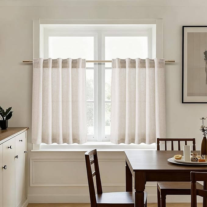 Nanspring Beige Curtains for Kitchen Windows Over Sink 36 inch Length Rustic Farmhouse Linen Blend Semi Sheer Curtains Back Tab and Rod Pocket Small Window Curtain for Cafe 30 x 36 Inch,2 Panels