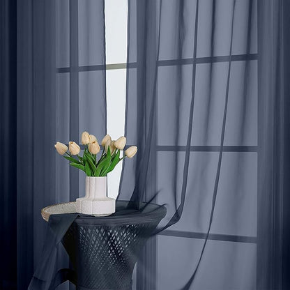 Lecloud Navy Blue Sheer Curtains 63 Inch Length 2 Panels, Rod Pockets Window Treatments Light Filtering Bedroom Curtains for Living Room, Soft Home Drapes for Bathroom, Each Panel 59" W x 63" L