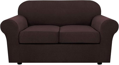 H.VERSAILTEX 3 Piece Stretch Sofa Covers for 2 Cushion Loveseat Couch Covers for Living Room Sofa Slipcovers (Base Cover Plus 2 Seat Cushion Covers) Thicker Jacquard Fabric(Medium Sofa, Chocolate)
