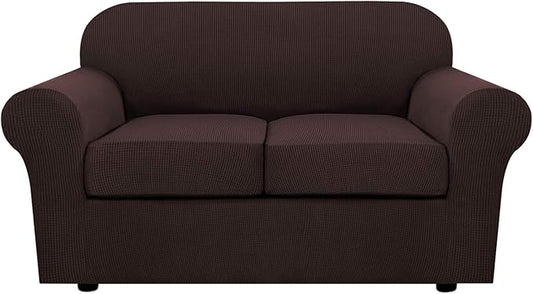 H.VERSAILTEX 3 Piece Stretch Sofa Covers for 2 Cushion Loveseat Couch Covers for Living Room Sofa Slipcovers (Base Cover Plus 2 Seat Cushion Covers) Thicker Jacquard Fabric(Medium Sofa, Chocolate)