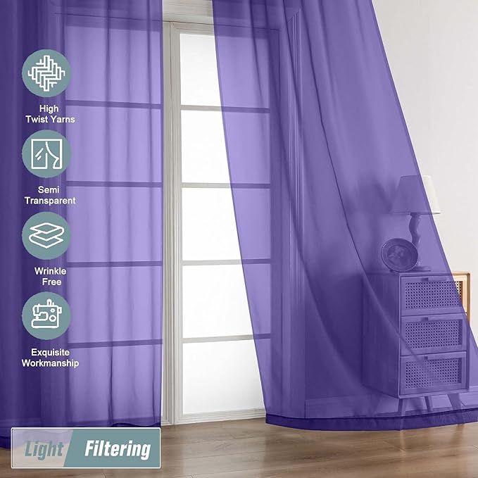Purple Sheer Curtains 63 Inch Length 2 Panels, Voile Sheer Curtain for Living Room, Breathable Light Filtering Modern Window Treatments, Soft Fabric Dual Rod Pocket Drapes, 2x42Wx63L Inches
