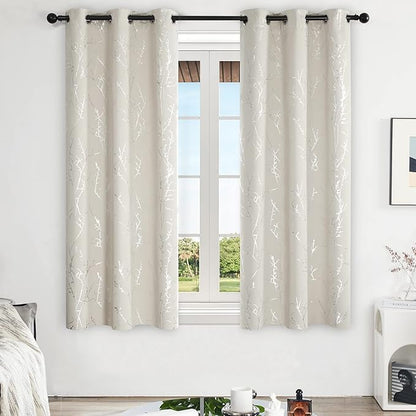Deconovo Beige Bedroom Curtains, Room Darkening Curtain, Thermal Insulated Soundproof Drapes, Silver Branch Print, 42 x 63 Inch Long, Machine Washable Window Panels for Living Room Nursery, Set of 2