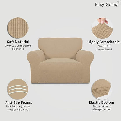 Easy-Going Stretch Oversized Chair Sofa Slipcover 1-Piece Couch Sofa Cover Furniture Protector Soft with Elastic Bottom for Kids Spandex Jacquard Fabric Small Checks Sand