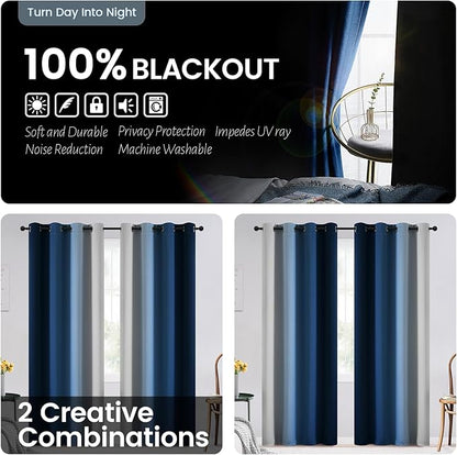 SimpleHome Ombre 100% Blackout Curtains for Bedroom 84 Inches Long, Blue with White Liner Room Darkening Thermal Insulated Grommet Curtain/Drapes for Living Room,2 Panels Set