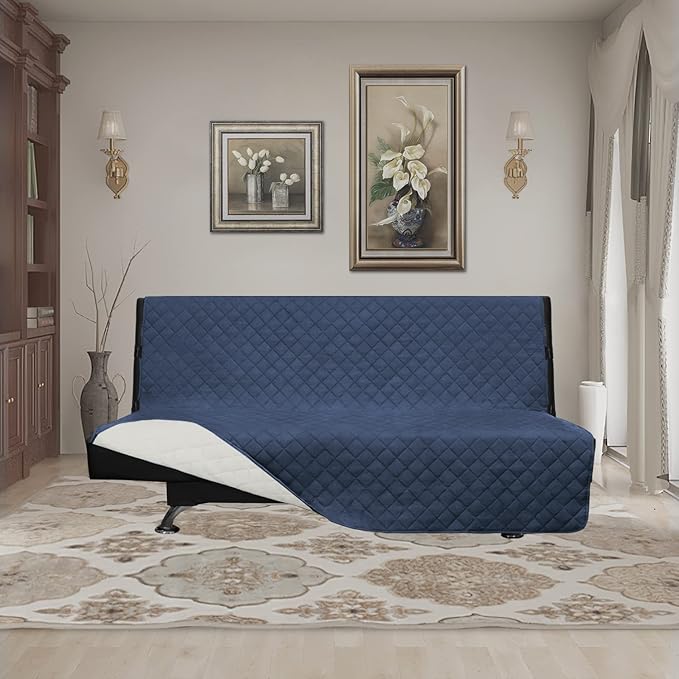 Easy-Going Futon Sofa Slipcover Reversible Sofa Cover Armless Cover Furniture Protector Couch Cover Water Resistant Pets, Kids, Children, Dog, Cat Dark Blue/Ivory