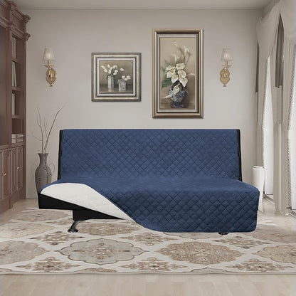 Easy-Going Futon Sofa Slipcover Reversible Sofa Cover Armless Cover Furniture Protector Couch Cover Water Resistant Pets, Kids, Children, Dog, Cat Dark Blue/Ivory