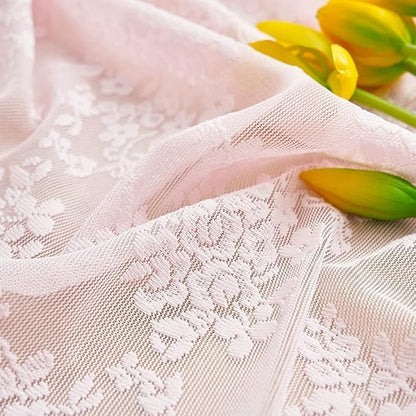 YJ YANJUN Vintage Lace Curtains Short Pink Floral Curtains 54 inch Length 2 Panels for Kitchen Living Room Bedroom Bathroom Window Voile Sheer Panels Baby Girl Nursery Decor 52" W x 54" L, Pink