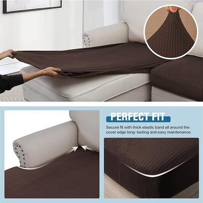 H.VERSAILTEX Velvet Stretch Sectional Couch Covers - 4 Pieces Sofa Seat Cushion Covers L Shape Separate Cushion for Both Left/Right Couch (Large Sofa 3 Seater + 1 Chaise, Brown Striped)