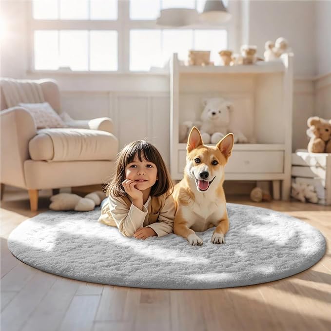 Ophanie White Round Rug 5Ft Circle Area Rug, Aesthetic Room Decor, Fluffy Fuzzy Bedroom Carpet, Plush Soft Shaggy Living Room Rugs for Kids Home Decor, Nursery
