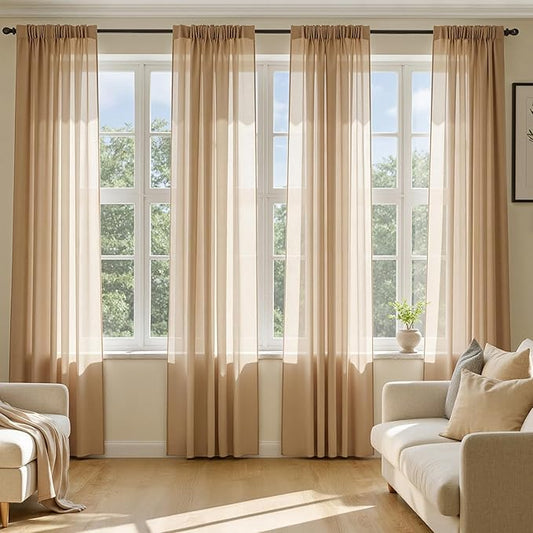 MIULEE Brown Sheer Curtains 90 Inches Long, 4 Panels Set, Rod Pocket Voile Drapes Light Filtering and Semi Transparent, Elegant Window Treatments for Bedroom Living Room,42 x 90 Inches