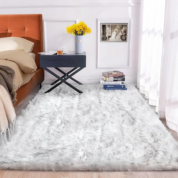 ORINOVA White and Grey Faux Shaggy Fur Rug for Living Room Plush Washable Sheepskin Fur Area Rugs 3x5 Nursery Rug