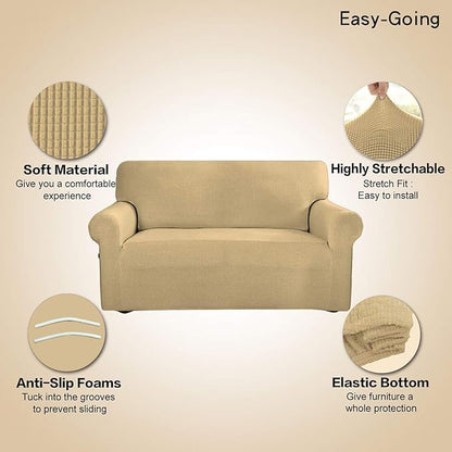Easy-Going Stretch 4 Seater Sofa Slipcover 1-Piece Sofa Cover Furniture Protector Couch Soft with Elastic Bottom for Kids, Polyester Spandex Jacquard Fabric Small Checks Beige