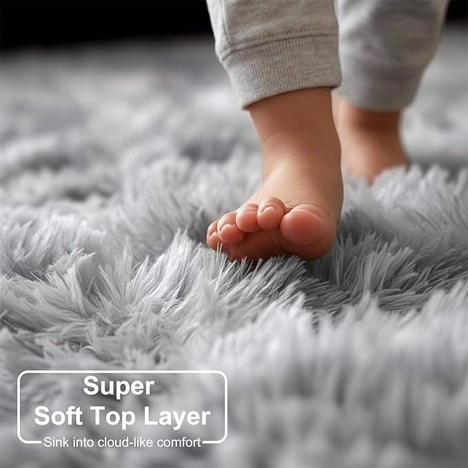 Amdrebio Tie-Dyed Light Grey Round Area Rugs for Living Room, 6x6 Ft, Soft Large Circle Rugs for Bedroom, Big Shag Fluffy Fuzzy Carpet for Kids Room, Modern Floor Circular Rug, Furry Farmhouse Rug