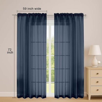 OWENIE Navy Blue Sheer Curtains 72 Inches Long 2 Panels Set, Transparent Voile Sheer Curtain for Living Room Bedroom Window Sliding Glass Door Treatment, 59 x 72 Inch, Navy Blue