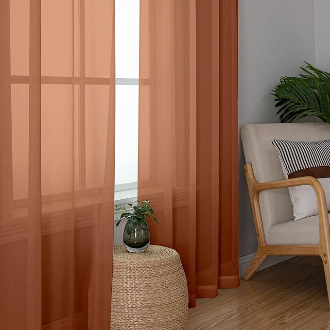 Simplebrand Orange Sheer Curtains 63 Inch Length 2 Panels, Rod Pocket Solid Color Window Sheer Curtain Panels, Elegant Curtains & Drapes for Living Room, Bedroom (42" W x 63" L)