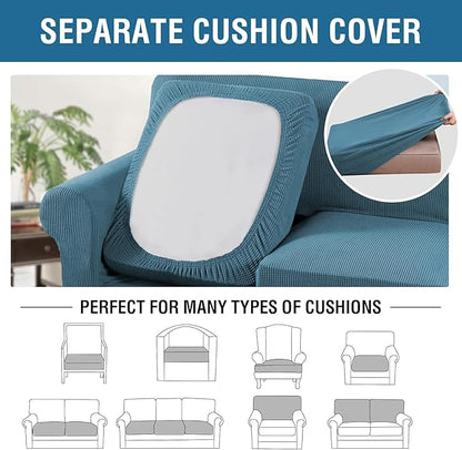 H.VERSAILTEX 4 Piece Stretch Sofa Covers for 3 Cushion Couch Covers for Living Room Furniture Slipcovers (Base Cover Plus 3 Seat Cushion Covers) Thicker Jacquard Fabric (Large Sofa, Storm Blue)