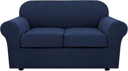 H.VERSAILTEX 3 Piece Stretch Sofa Covers for 2 Cushion Loveseat Couch Covers for Living Room Sofa Slipcovers (Base Cover Plus 2 Seat Cushion Covers) Thicker Jacquard Fabric(Medium Sofa, Navy)