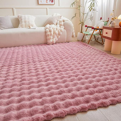 Pink Rabbit Plush Rug 6'x9', Fluffy Faux Fur Shaggy Area Rug for Nursery, Kids Room Decor, Soft Fuzzy Carpet for Living Room, Bedroom, Teen Girls Room