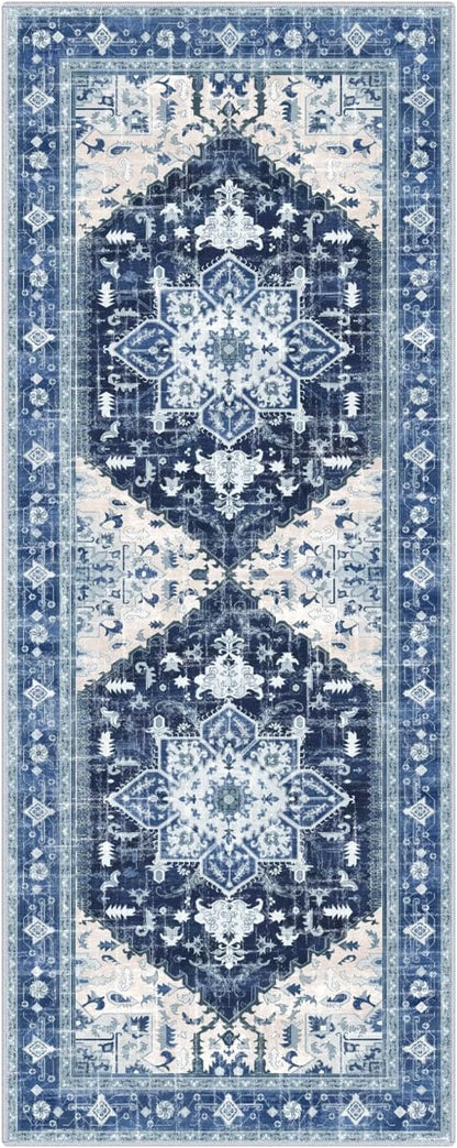 Yamaziot Washable Runner Rug, 2x5 Non-Slip Boho Vintage Hallway Rug Runner with Rubber Backing, Stain Resistant & Low Pile Faux Wool Distressed Carpet Runner for Kitchen, Laundry, Entrance, Blue