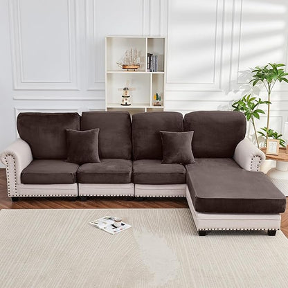 Couch Cover 4-Piece Elastic Velvet Couch Cushion Covers & Chaise Slipcovers for L-Shaped Sofas - Sofa Seat Covers Washable, Soft Protector for Couches (3 Seater + Chaise, Coffee)