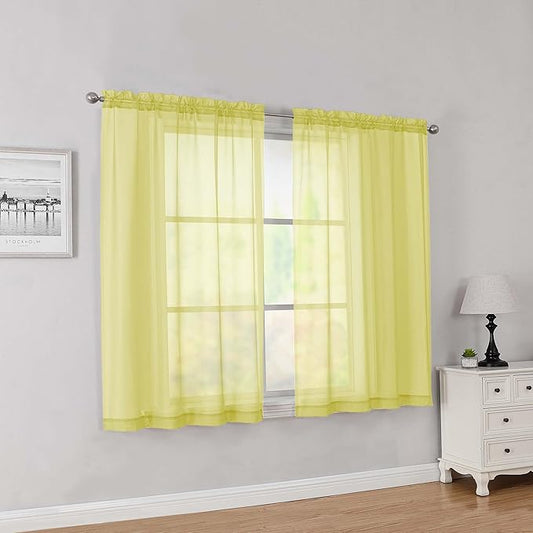 Simplebrand Lemon Short Sheer Curtains 45 Inch Length for Small Windows, Rod Pocket 2 Panels Set Solid Voile Drapes Window Sheer Curtains for Bedroom Bathroom Kids Room Kitchen, 42x45 Inch, Lemon