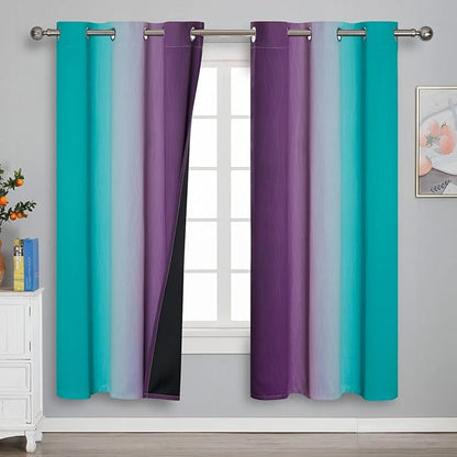 Estelar Textiler Ombre Teal and Purple Blackout Curtains 72 Inch Length 2 panels, Grommet Thermal Insulated Gradient Drapes for Kids Room, Full Light Blocking Blackout Curtains for Bedroom, 42x72 Inch