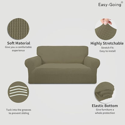 Easy-Going Stretch Loveseat Slipcover 1-Piece Sofa Cover Furniture Protector Couch Soft with Elastic Bottom for Kids Polyester Spandex Jacquard Fabric Small Checks (Loveseat, Khaki)