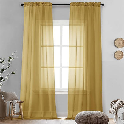 OVZME Gold Sheer Curtains 90 Inches Long 2 Panels - Soft Light Filtering Window Sheer Panels for Living Room/Bedroom, Top Dual Rod Pocket, 1 Pair, Each 42Wx90L Inches