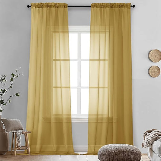 OVZME Gold Sheer Curtains 90 Inches Long 2 Panels - Soft Light Filtering Window Sheer Panels for Living Room/Bedroom, Top Dual Rod Pocket, 1 Pair, Each 42Wx90L Inches