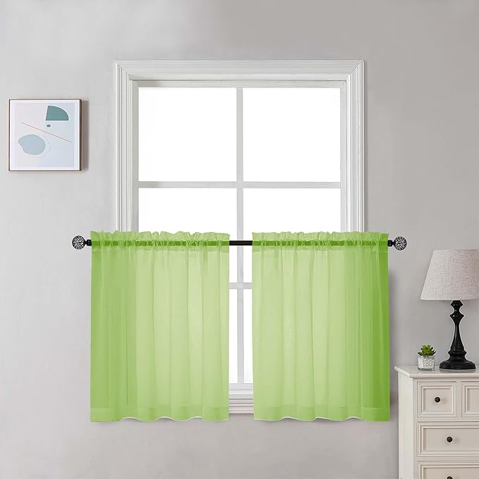 Chyhomenyc Lime Sheer Curtains 30 inch Length 2 Panels, Light Filtering Voile Rod Pocket Short Window Curtians for Bathroom Living Room Farmhouse Small Windows, 42Wx30L inches